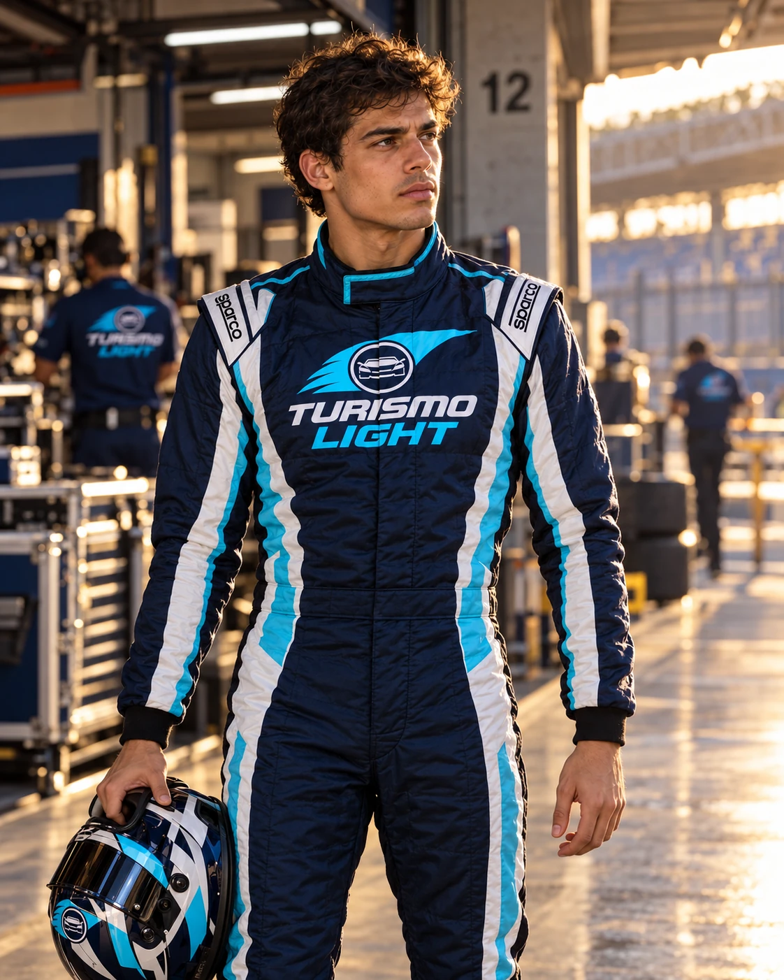 Piloto Turismo Light em postura natural, segurando o capacete ao lado do corpo no box de Interlagos.