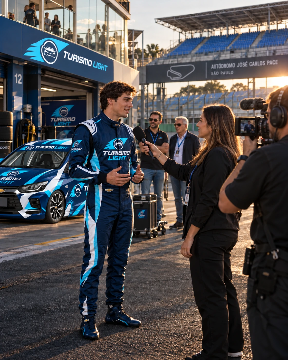 Piloto, convidados e equipe de conteúdo em uma ativação Turismo Light nos boxes de Interlagos.