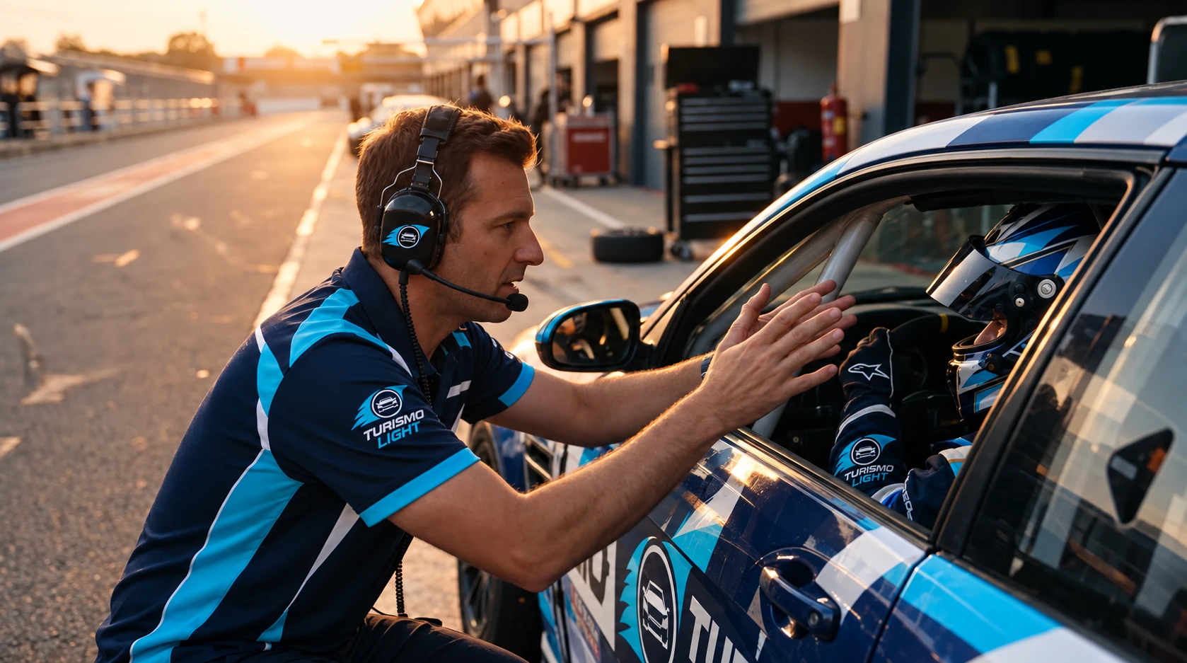 Coach de corrida com headset orientando o piloto